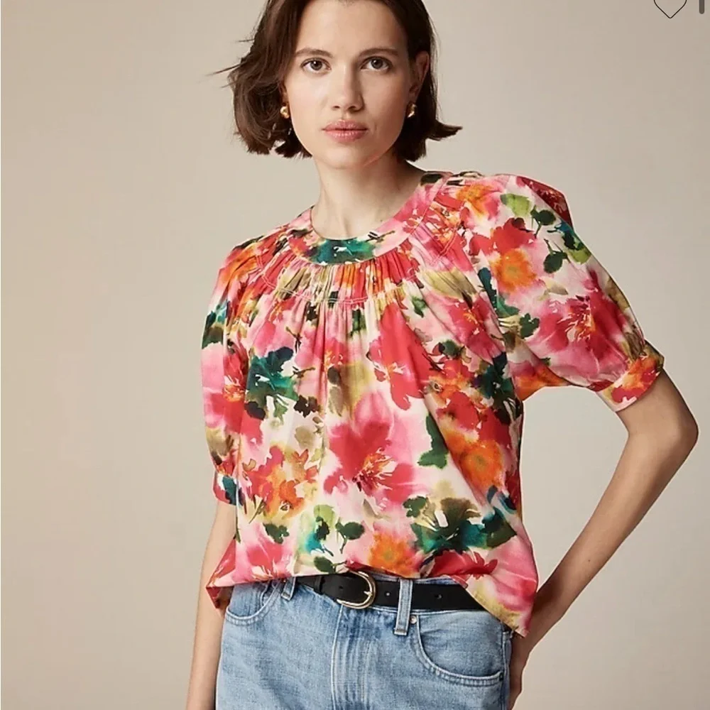 J crew Smock-neck puff-sleeve top in floral cotton poplin